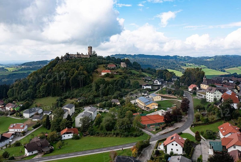 Drone shot, view of the town, Waxenberg castle ruins, Waxenberg, Mühlviertel, Upper Austria, Austria