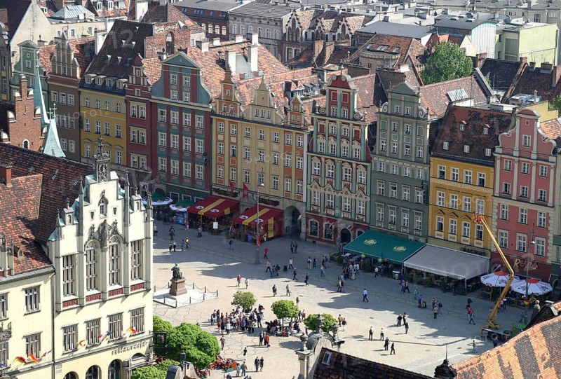 Wroclaw, POL, 30.04.2004 - View from the Elizabeth Church observation tower to the town hall on the market square in Wroclaw, Poland, Poland