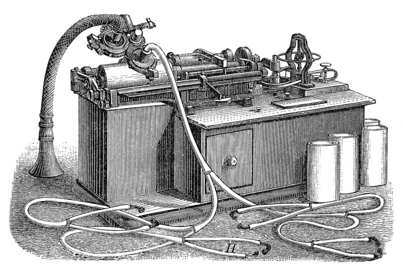 Historical illustration, 19th Century, Phonograph by Thomas Alva Edison, Phonograph von Thomas Alva Edison, historische Zeichnung, 19. Jahrhundert
