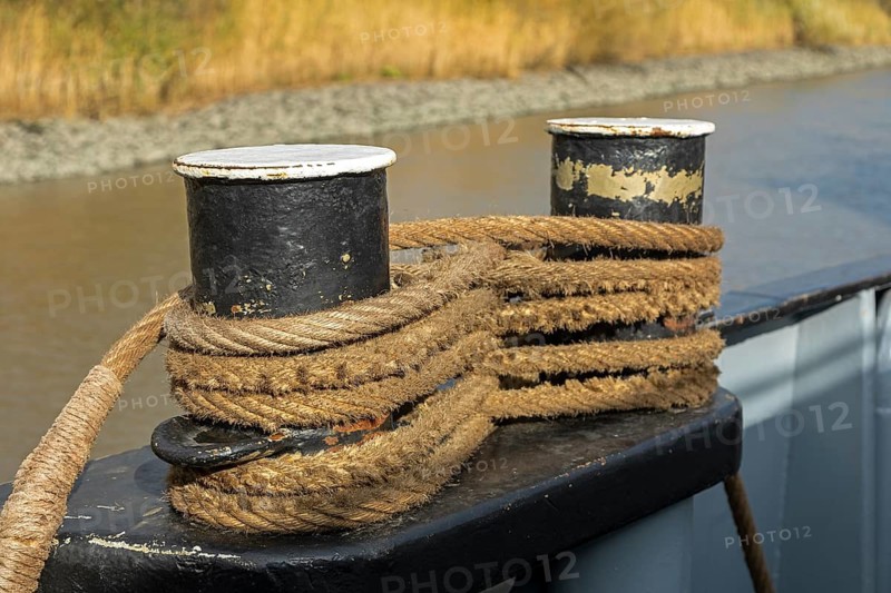 Mooring corpse attached to bollards, Wischhaven-Glückstadt ferry, Elbe, Wischhaven, Lower Saxony, Germany