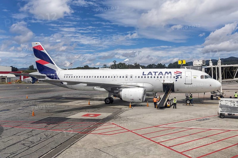 A LATAM Airbus A320 aircraft with the license plate CC-BFB at Rionegro Airport in Medellin, Colombia