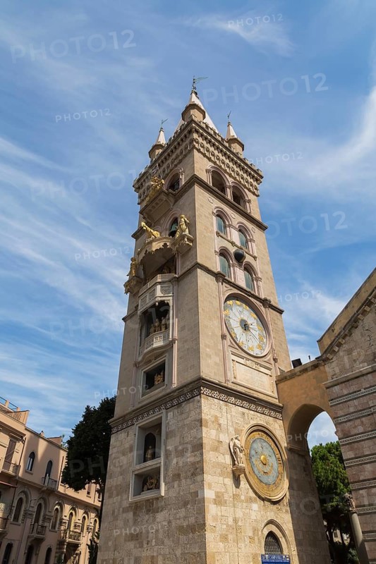 The bell tower of the Cathedral of Messina adorned with moving golden figurines and astronomical clock, Piazza Del Duomo, Messina, Sicily, Italy