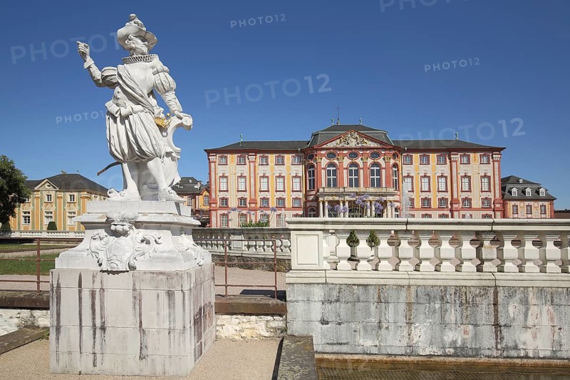 White stone sculpture of pedestal, nobleman in historic clothing, baroque castle, Bruchsal, Baden-Württemberg, Germany