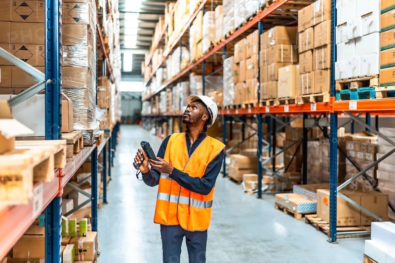 African worker scanning packages in storage room in a distribution warehouse