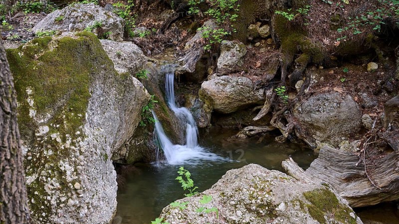 Small stream with waterfall, surrounded by moss-covered rocks, Butterfly Valley, Butterfly Valley, Rhodes, Dodecanese, Greek Islands, Greece