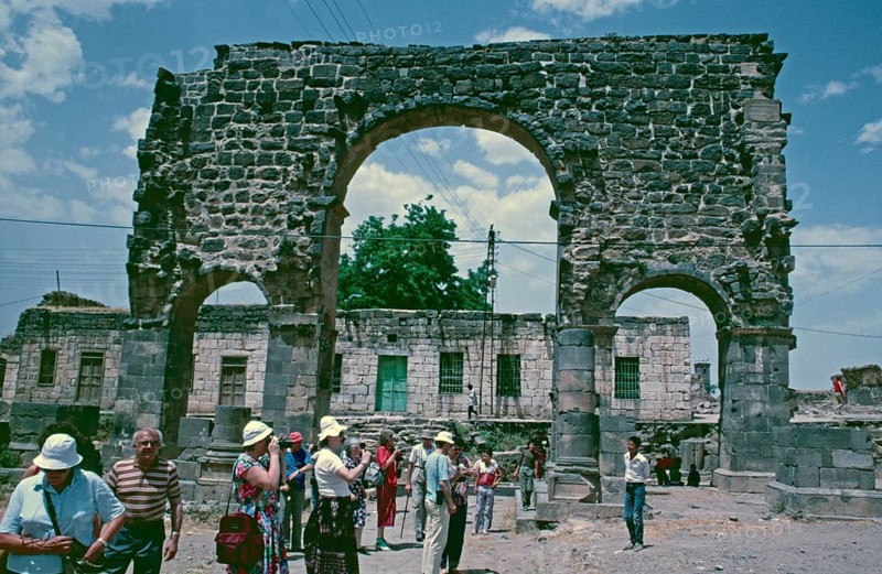 Well-preserved archway, three-arched gate, Bosra, Dar'a, Syria, 1987, vintage, retro, old, historical