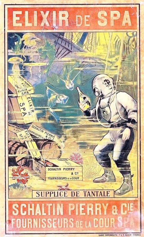 Advertising poster, beverage advertisement, advertising poster from 1910 for Elixir de Spa by F. & R. Buyck from Belgium. The work of art shows a diver in classic outfit holding a bottle of liqueur in the depths. The scene is referred to in the poster as Supplice de Tantale, which refers to the torments of Tantalus, authentic reproduction of a historical advertising poster, advertising sign, in high resolution