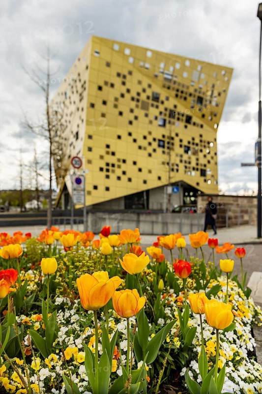 Distinctive building Forum Gold & Silver. The Gold and Silver Forum building, completed in 2014, has become a new landmark in the city as Swiss slate cheese. City view of Schwäbisch Gmünd, Baden-Württemberg, Germany