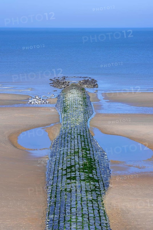 Tide pools along stone groyne, breakwater to minimize beach sand erosion along North Sea coast at low tide, Middelkerke, West Flanders, Belgium