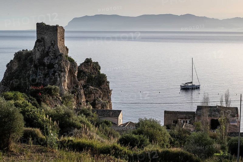 Torre di Scopello, historic defence towers in the rocky bay of Scopello, Sicily, Italy