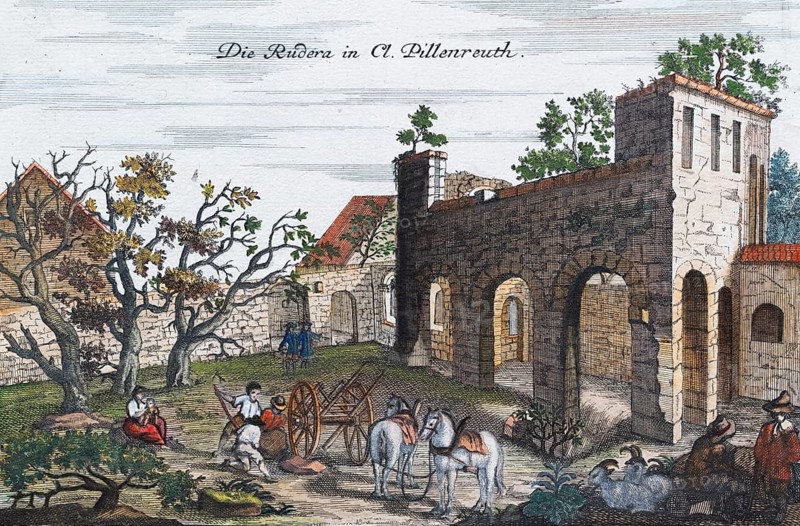 Pillenreuth Monastery, hand-coloured copper engraving or copper etching by Johann Christoph Volkamer or Volckamer, from Nürnbergische Hesperides oder gründliche Beschreibung der Edlen Citronat, Citronen, und Pomerantzen-Früchte, Nuremberg 1708, 1714