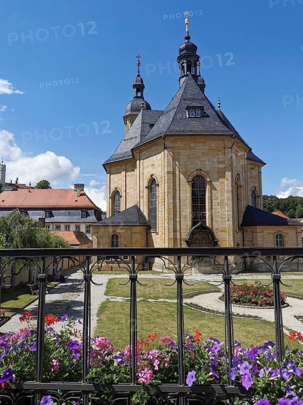 Basilica of Gößweinstein seen from the south, pilgrimage church of the Holy Trinity with Franciscan monastery, Gößweinstein, place of pilgrimage in Franconian Switzerland, district of Forchheim, Upper Franconia, Bavaria, Germany