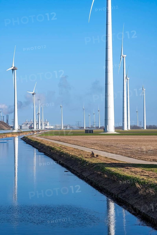 Wind farm on the Slaperdijk dike near Eemshaven, on which dikes are, as a test project, 17000 solar modules installed on a good 5 km, the Netherlands has over 22, 000 km of dyke line, here it is being tested whether such an installation is successful and can be expanded, Groningen, the Netherlands