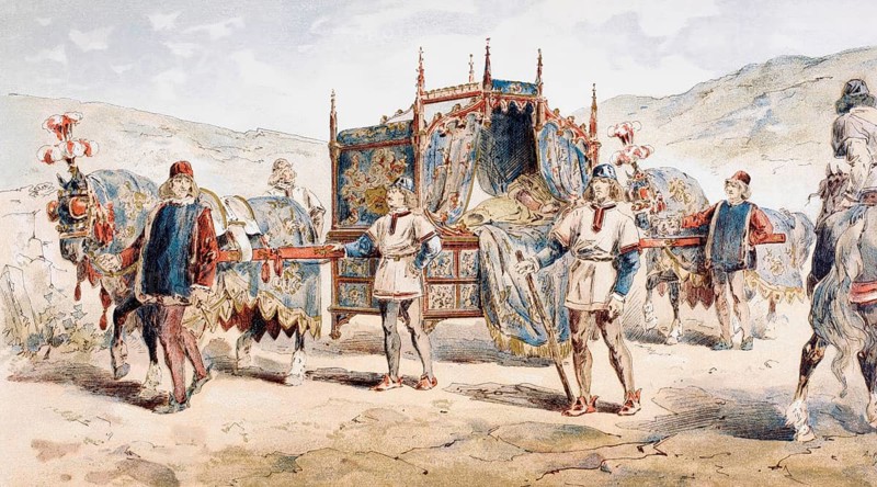 Horse sedan chair of a noblewoman from the 15th century. After a watercolour by A. Heins. From Cortege Historique Des Moyens De Transport. Published in Brussels, 1886, digital reproduction of a historical model