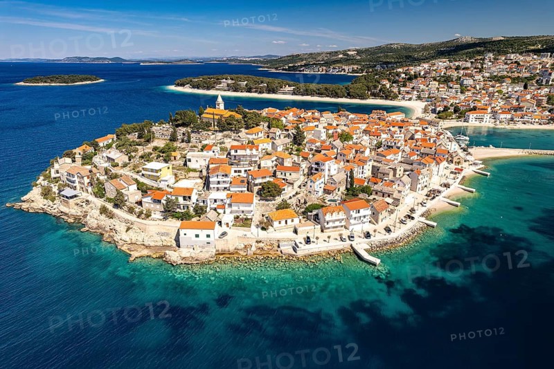 The peninsula with the old town centre of Primosten seen from the air, Croatia