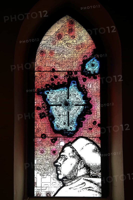 Colourful church window with portrait of Martin Luther, handicrafts, stained glass, interior view, Marktkirche, Wiesbaden, Taunus, Hesse, Germany