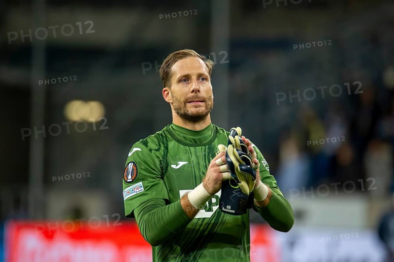 Football UEFA Europa League, 2024/25 season, matchday 2: TSG Hoffenheim v Dynamo Kiev. Great joy for Oliver Baumann (1, Hoffenheim) after his team's 2:0 victory