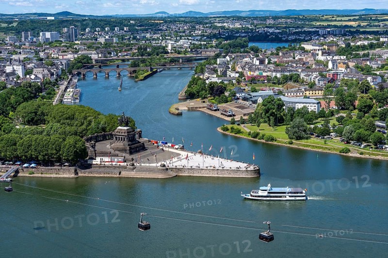 The Deutsches Eck, the confluence of the Moselle with the Rhine, near Koblenz, looking west, with the Kaiser Wilhelm Memorial, Rhineland-Palatinate, Germany