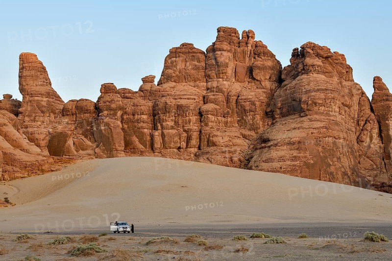 Tourists on a jeep safari in the Ashar Valley, near AlUla, Medina Province, Saudi Arabia, Arabian Peninsula