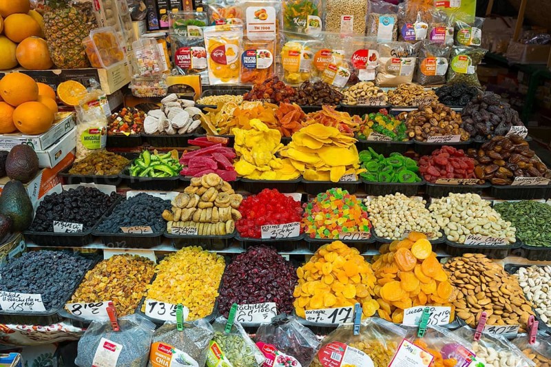 Diverse selection of colorful dried fruits and nuts on a market stand, Pia?a Centrala, Piata Centrala, Central Market, Chisinau, Chisinau, Chisinau, Republic of Moldova, Moldova, Eastern Europe