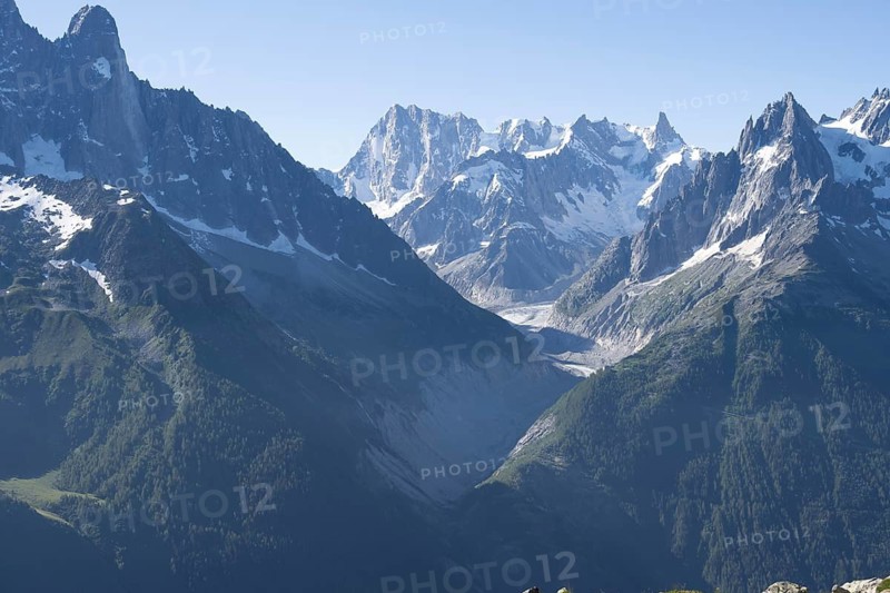 Mountain landscape with mountain peak Grandes Jorasses and glacier Mer de Glace, Mont Blanc massif, Chamonix-Mont-Blanc, Haute-Savoie, France