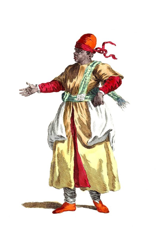 Historical clothing, fashion over time, clothing of a Moorish slave in 1568, digitally restored reproduction of a model from the 18th/19th century, exact date unknown, festively dressed man in traditional garb with red turban, gesticulating