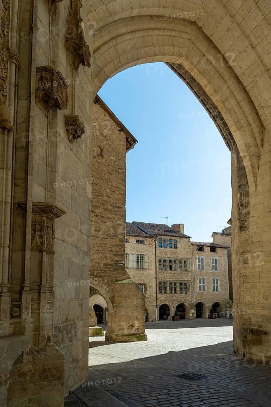 Villefranche de Rouergue. City of Art and History. Arcades on Notre Dame square. Aveyron. Occitanie. France