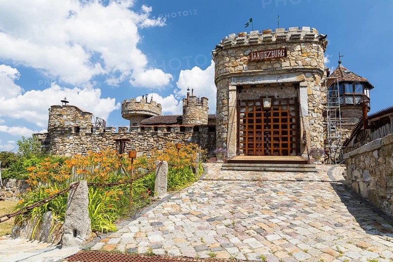 Newly built castle in the style of a Slavic castle, Jakubzburg in Mortka, Lohsa, Saxony, Germany