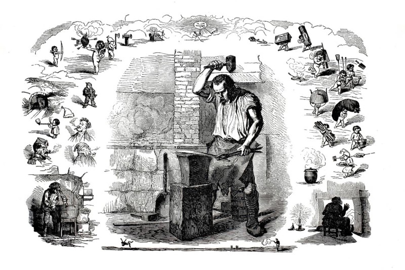 Illustration allegorically represents the element of fire. All vignettes on the left, right and top take up phenomena, objects or activities that are directly connected to fire and its applications, illustration, reproduction from a 19th-century model. Authentic, file restored for optimal use, exact date of submission unknown, historical