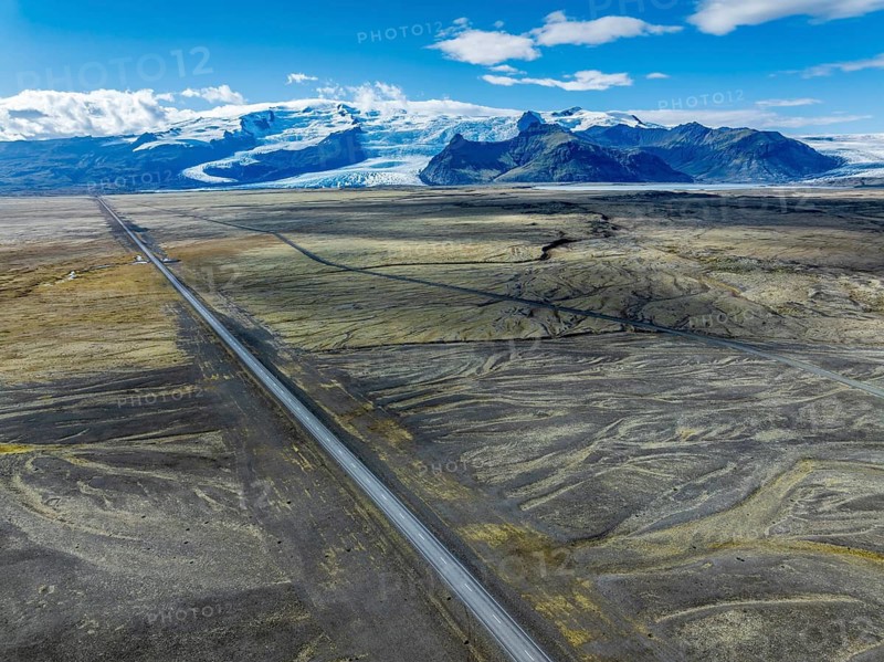 Ringroad no. 1 crossing the glacial floodplains of the Vatnajökull glacier, aerial view, Iceland
