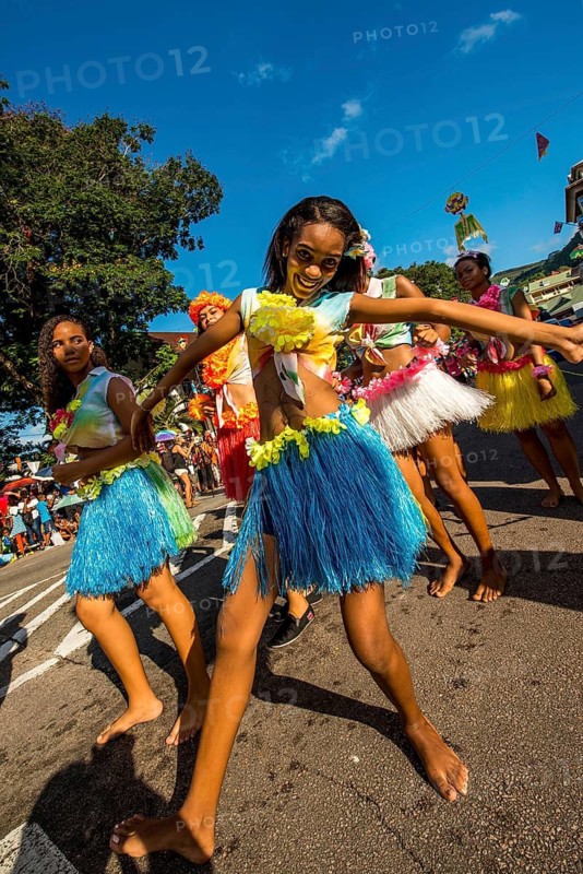Street parade in the International Carnival Seychelles, in Victoria, Mahe, Republic of Seychelles, Indian Ocean