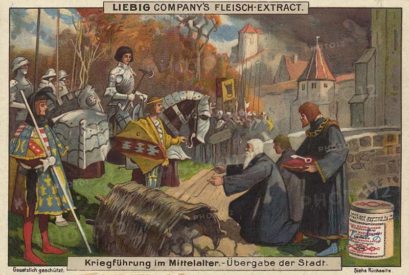 Picture series Warfare in the Middle Ages, At the gates of a besieged city, a city leader kneels in front of a mounted knight. Another man holds a pillow on which the keys to the city lie, a classic symbol of the submission and transfer of power, picture of love, digitally restored reproduction of a collector's painting from around 1900, exact date unknown