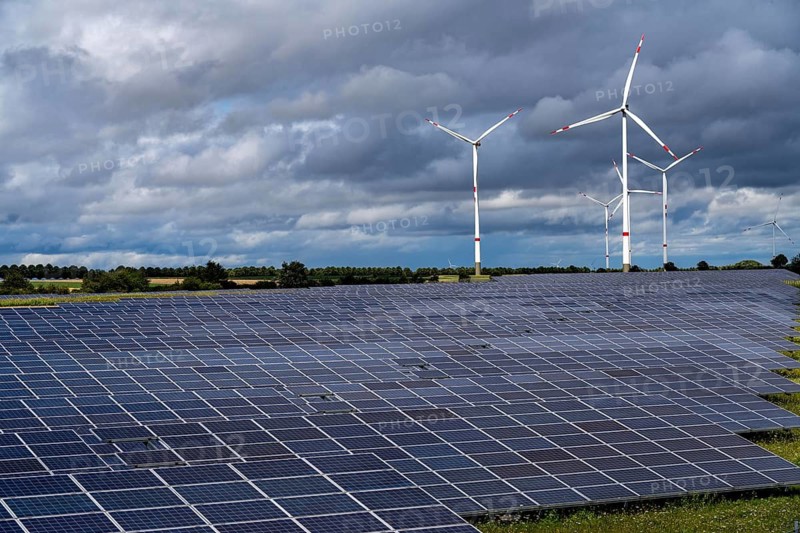 Solar park and wind farm near Morschheim, part of the municipality of Kirchheimbolanden, Rhineland-Palatinate, Germany