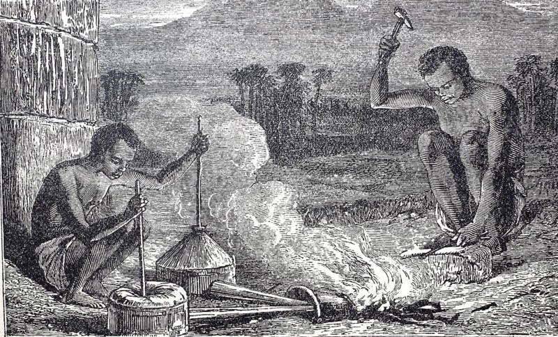 Native blacksmiths from the area around the Zambezi in present-day South Africa, around 1800, after Dr Livingstone, digitally enhanced reproduction of a 19th century model, historical