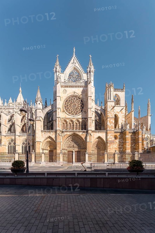 Santa Maria de Regla de Leon Cathedral, an iconic Gothic church and the episcopal see of the diocese of Leon, is captured here in the city of Leon, Castile and Leon, under a brilliant blue sky
