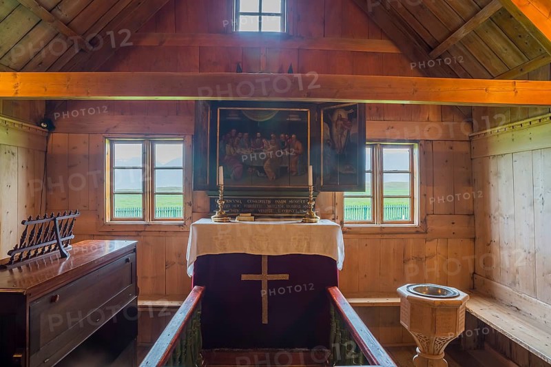 Interior of the Turf church at Vidimyri (Skagafjordur), North Iceland