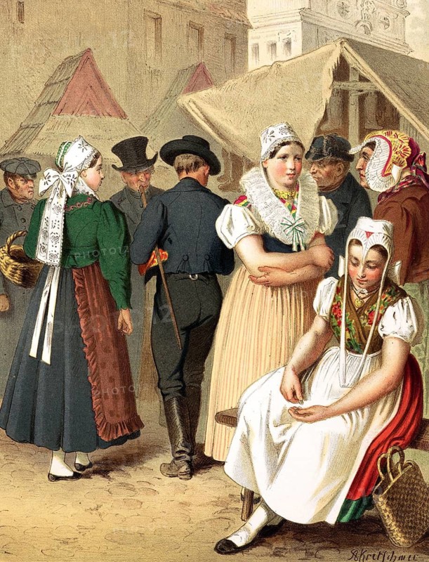 Traditional costumes in Germany around 1820, Province of Silesia, Tannhausen, group of villagers in traditional traditional costume meeting and chatting at a market, digitally retouched reproduction of a model from around 1850, by Albert Kretschmer (27 February 1825, 11 July 1891), German painter and costume expert