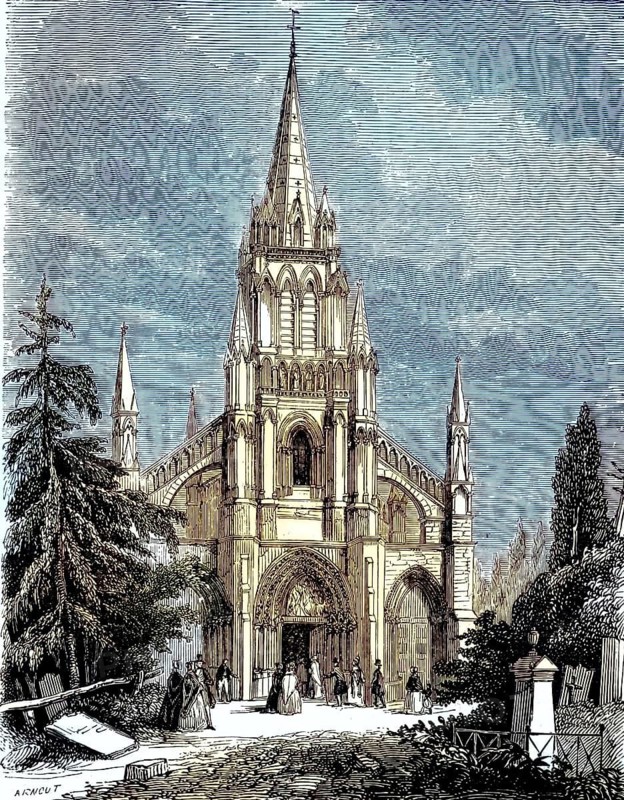 Exterior view of the Notre-Dame de Bonsecours Basilica, Église de Bon-Secours. It is located in the municipality of Bonsecours in the Seine-Maritime department in Normandy, near the city of Rouen, around 1880, France, illustration, reproduction from a 19th-century model. Authentic, file restored for optimal use, exact date of original unknown, historical, nostalgically colored
