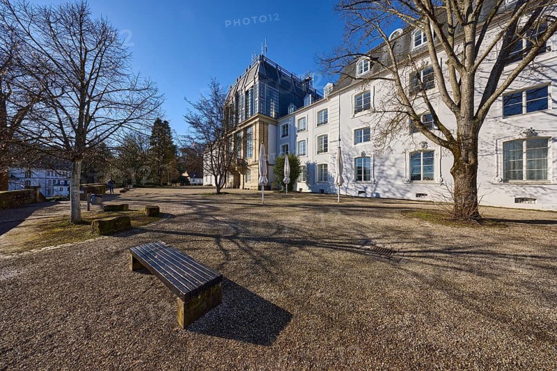 Saarbrücken Castle, Baroque architectural style, bench, trees, blue sky, cloudless, Saarbrücken, state capital, Saarbrücken Regional Association, Saarland, Germany