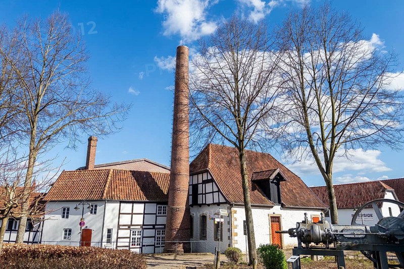 Tuchmachermuseum Bramsche, Lower Saxony, Germany, Historic factory under a blue sky