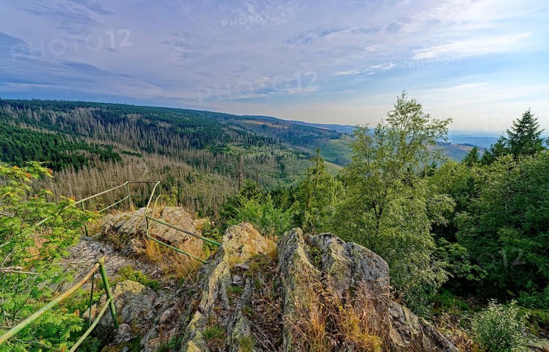 The Hammerstein Cliff with a view point in the mountain landscape in the Harz nature park Park. Harz, Landkreis Goslar, Lower Saxony, Germany