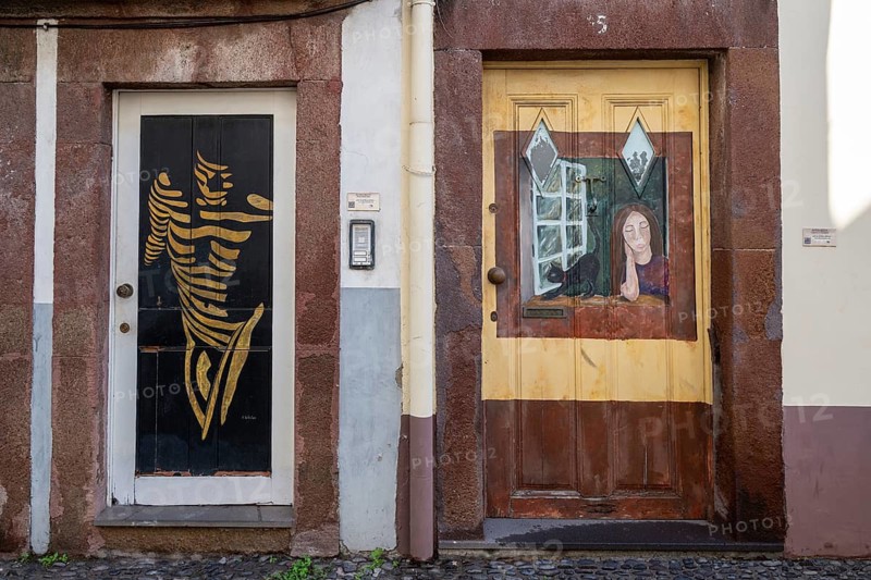 Colourfully painted doors on Santa Maria Street in the old town, Funchal, Madeira, Portugal