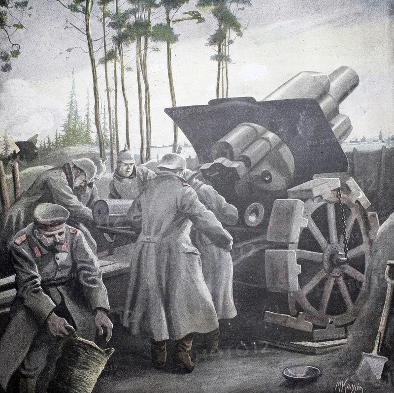 World War 1, German heavy artillery firing in Flanders (original pictorial text from 1915, original colouring), illustration, reproduction from a 19th century original. Authentic, file restored for optimal use, exact date of original unknown, historical, soldiers preparing large artillery cannon in the forest