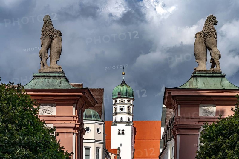 Lions guarding the castle and the tower of St Peter's Basilica in Dillingen an der Donau, Bavaria, Germany