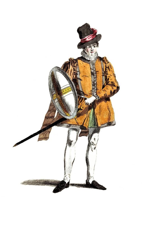 Historical clothing, fashion in the course of time, style of dress of a distinguished gentleman from England in 1588, digitally restored reproduction of a model from the 18th/19th century, exact date not known, man in historical clothing with shield and lance, frilled collar