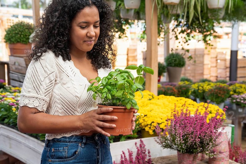 A happy woman with curly hair admires a potted basil plant while shopping in a vibrant garden center surrounded by colorful flowers