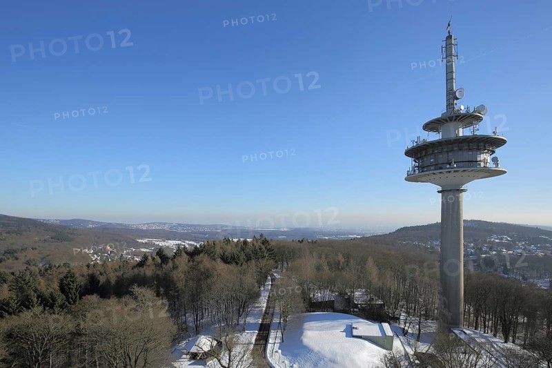 View from observation tower to telecommunications tower in winter with snow, landscape, summit, Atzelberg 507m, Taunus, Hesse, Germany
