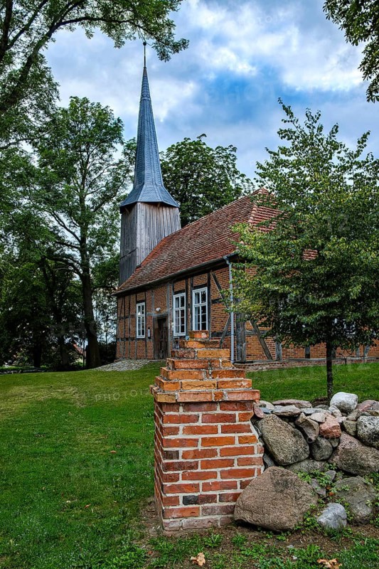 Picturesque view of Zachow village church, a 17th century half-timbered church in Zachow, Groß Nemerow, Mecklenburg-Western Pomerania, Germany