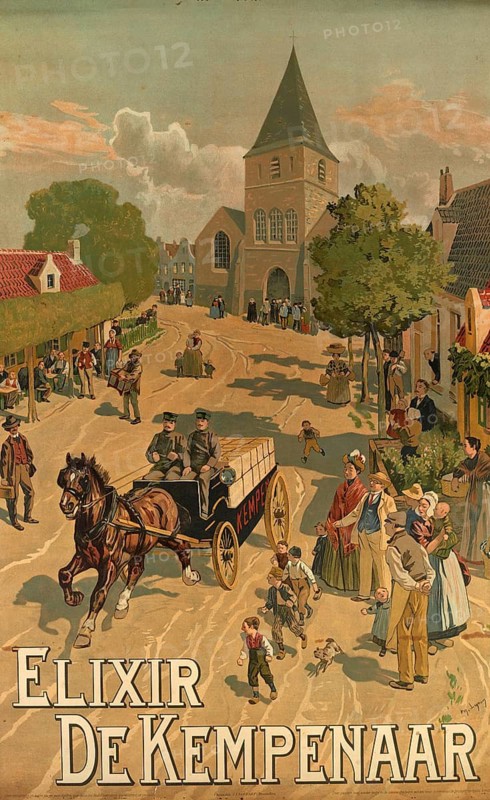 Advertising poster, beverage advertisement, poster for Elixir De Kempenaar by Amédée Lynen from 1910. The scene shows a busy village street with a church in the background and a horse-drawn vehicle in the foreground, authentic reproduction of a historical advertising poster, advertising sign, in high resolution
