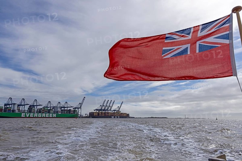 Container port, container ships, flag, Felixstowe, England, Great Britain